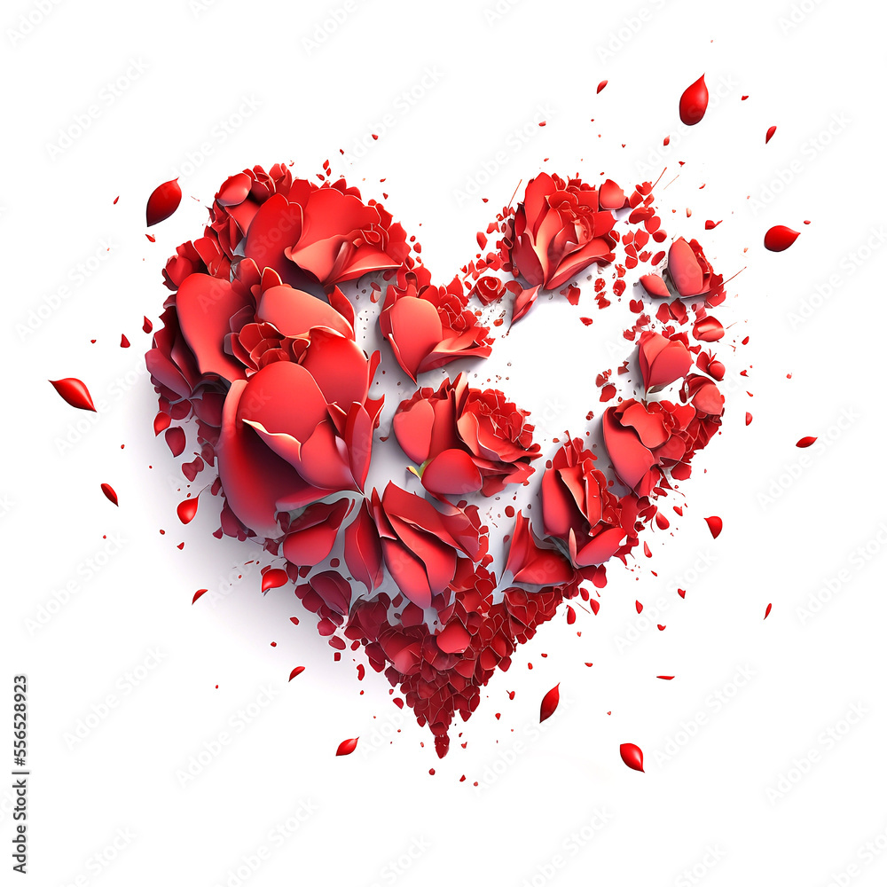 Coeur rouge 3D sur fond blanc faits de particules en forme de pétales de roses - fond blanc