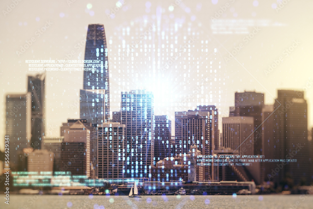 Abstract virtual code skull hologram on San Francisco cityscape background, cybercrime and hacking concept. Multiexposure