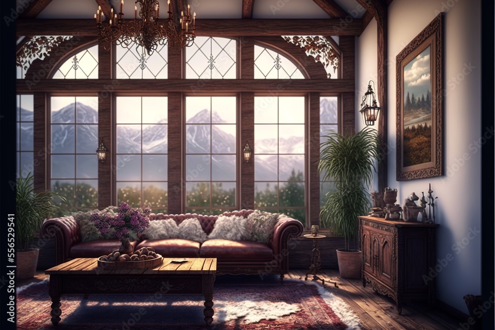 Baroque living room interior in gothic style scandinavian mansion with ...