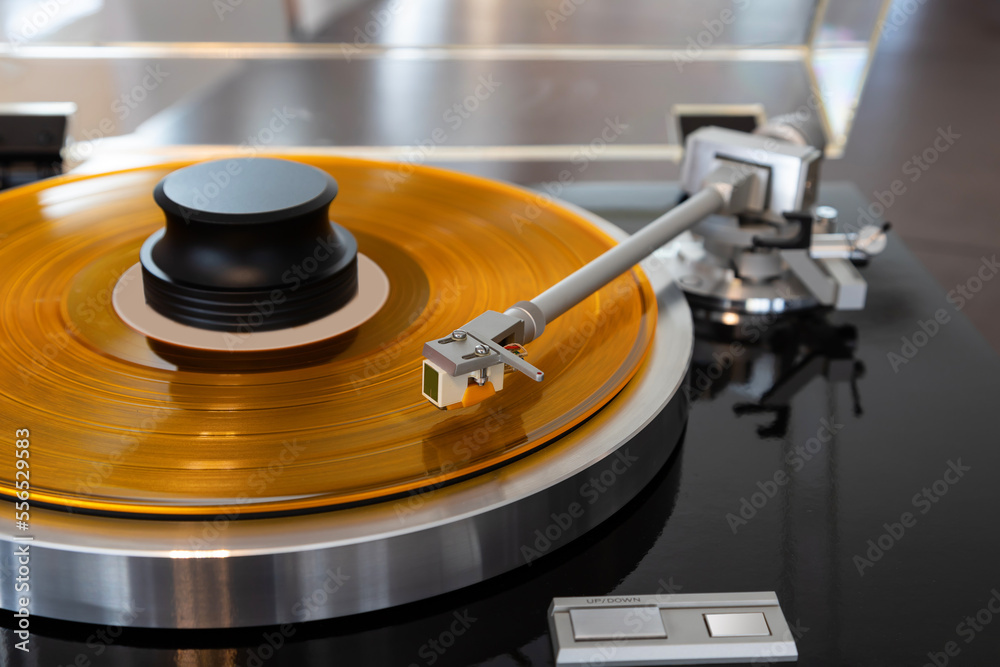 Obraz premium Vintage Stereo Turntable Vinyl Record Tonearm Cartridge Closeup.