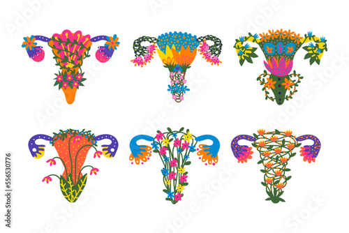 Uterus or Womb Arranged from Flowers and Plants as Healthy Female Reproductive System Organ Vector Set