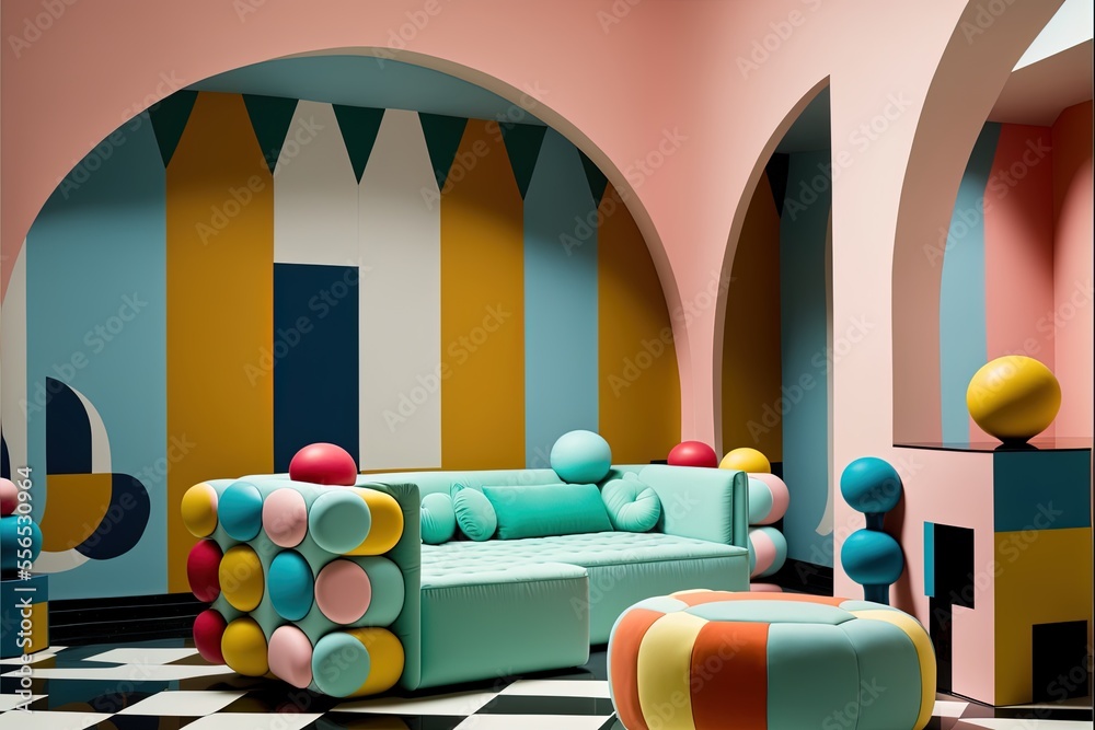 Sleek interior design, pastel colors and geometric patterns ...