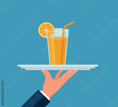 Orange juice in glass cup on tray in hand Healthy food. Useful natural drink. Tropical refreshing drink. Vitamins breakfast. Vector illustration in flat style