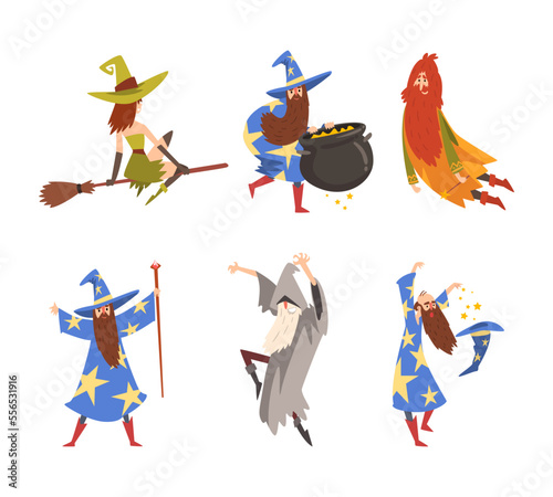 Man and Woman Sorcerer and Witch in Pointed Hat Practicing Wizardry and Witchcraft with Magic Wand and Cauldron Vector Set