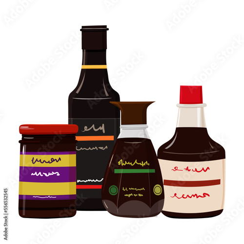 Vector illustration of collection of different asian sauces in glass bottles. Traditional asian cuisine ingredient 