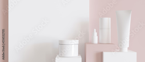 Group of white and blank  unbranded cosmetic cream jars and tubes on pink background. Skin care product presentation. Elegant mockup. Skincare  beauty and spa. Jar  tube with copy space. 3D render.
