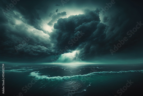 aerial shots of rain clouds over the ocean and sea On a cloudy day, there are black clouds above the water. angle perspective of the natural world. Apocalypse. Storm Over a peaceful sea, there are hea
