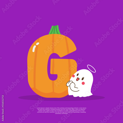 Pumpkin plus letter G with cute ghost emoji sticker beside it vector illustration.
