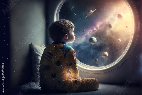 Young boy fantasizes of playing in outer space. Generative AI photo