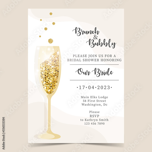 Brunch and Bubbly bridal shower. Vector illustration. Wedding invitation with golden glitter.