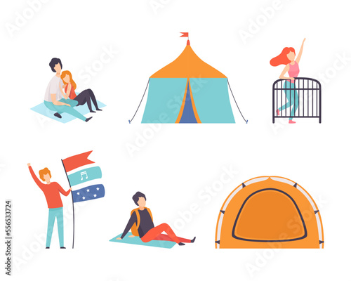 Summer Open Air Music Festival with People Character Resting and Listening to Music Vector Set