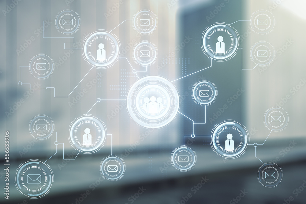 Double exposure of social network icons hologram on contemporary business center exterior background. Networking concept Double exposure of social network icons hologram on contemporary business center exterior background. Networking concept