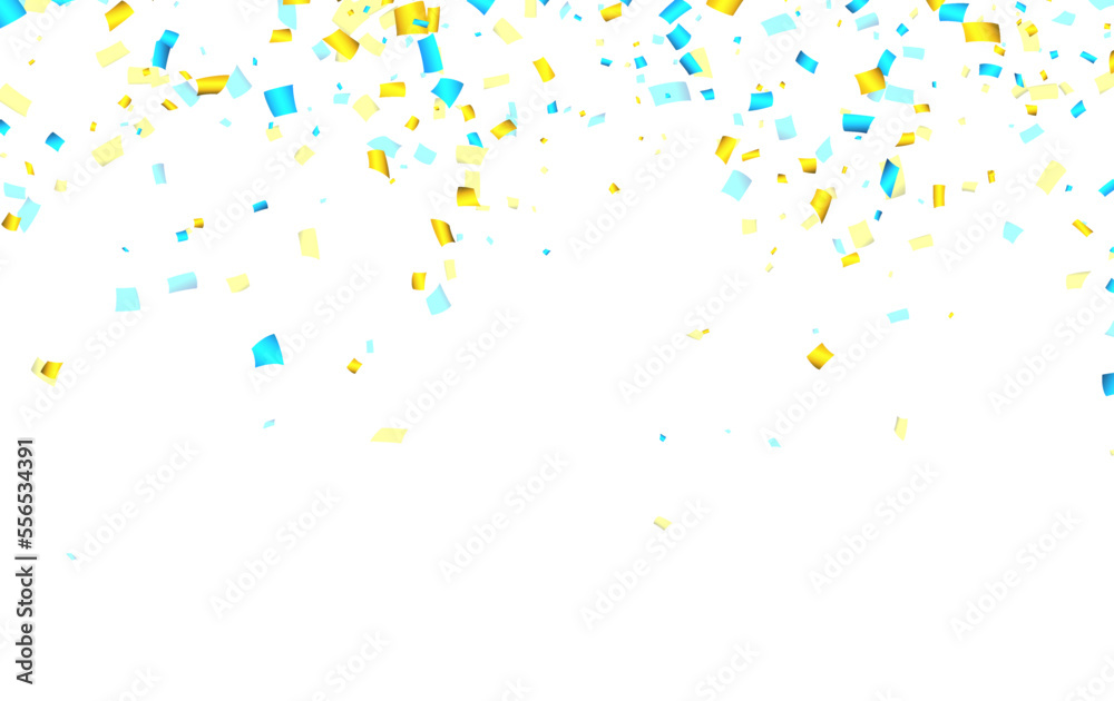 Falling blue and yellow cut out ribbon confetti background with space for text.