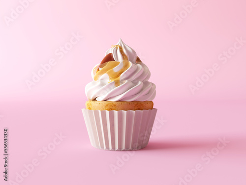 Vanilla Cupcake with buttercream icing isolated on light pink background. Frosted cupcakes with white cream and caramel sauce, nuts. 3d illustration cutout, copy space, front view. Wrapped cream cake photo
