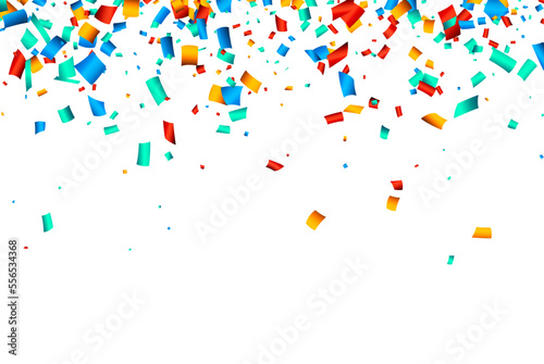 Falling colorful cut out ribbon confetti background with space for text.