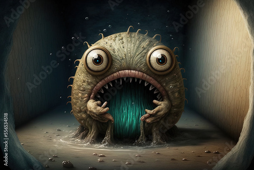 Little mud creatures from the sewers that are terrifying monsters behind the toilet's rim were toothy mud monsters with large eyes and pointed fangs. Generative AI