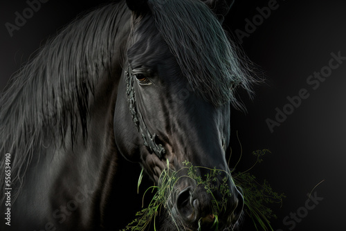 Stunning picture of a black horse chewing grass. Generative AI