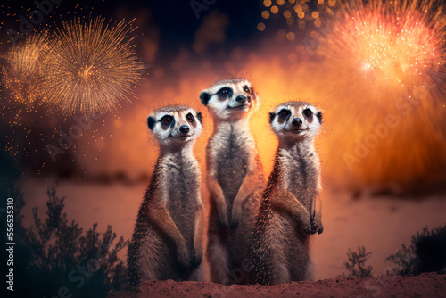 Fotografie, Obraz three meerkats with a beautiful display of fireworks in the dark sky behind them