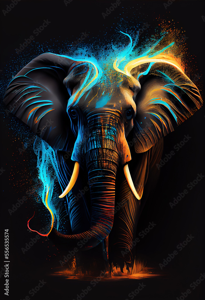 Bright portrait of an elephant in a painterly style, pop art painting. Generative AI
