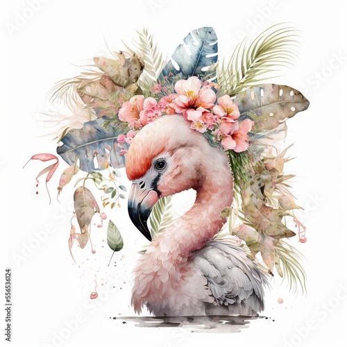 a pink flamingo with flowers and feathers on its head photo