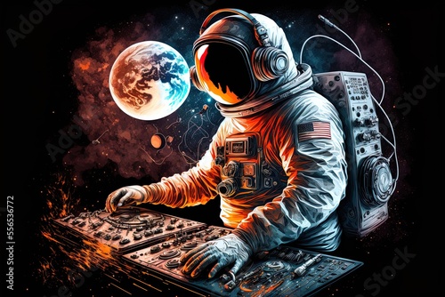 Fotografiet Spaceman as DJ, musical illustration. Generative AI
