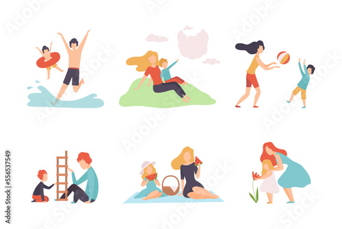 Parent and Their Children Spending Good Time Together Vector Set