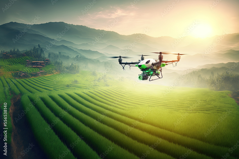 Agricultural drones glide above rice farms spraying fertilizer. Generative AI