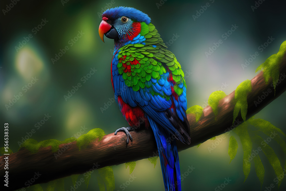 Tanygnathus lucionensis, a colorful native of the Philippines parrot, with a blue nape. A green parrot with a red beak and a light blue rear crown perches on a branch against a backdrop of a dark gree
