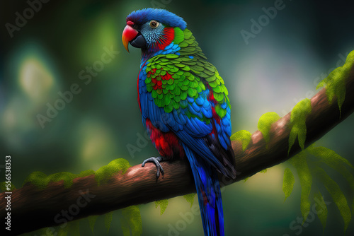 Tanygnathus lucionensis, a colorful native of the Philippines parrot, with a blue nape. A green parrot with a red beak and a light blue rear crown perches on a branch against a backdrop of a dark gree