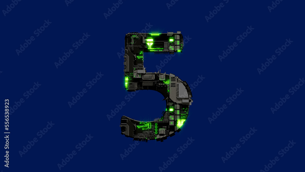 number 5 - dark grungy metal scrap font with glowing green, isolated - object 3D rendering number 5 - dark grungy metal scrap font with glowing green, isolated - object 3D rendering