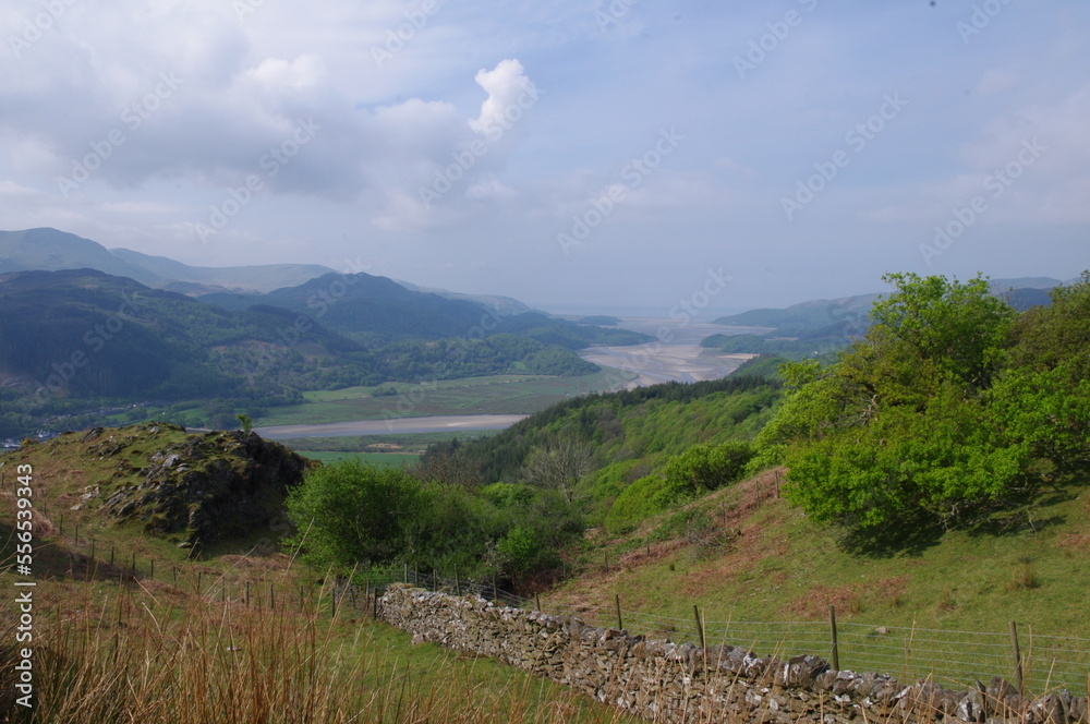 Beautiful Welsh mountain scenery. View along the River Mawddach Estuary to the sea from New Precipice Walk, which enables disabled access to panoramic mountain views. Dolgellau, Gwynedd, Wales.