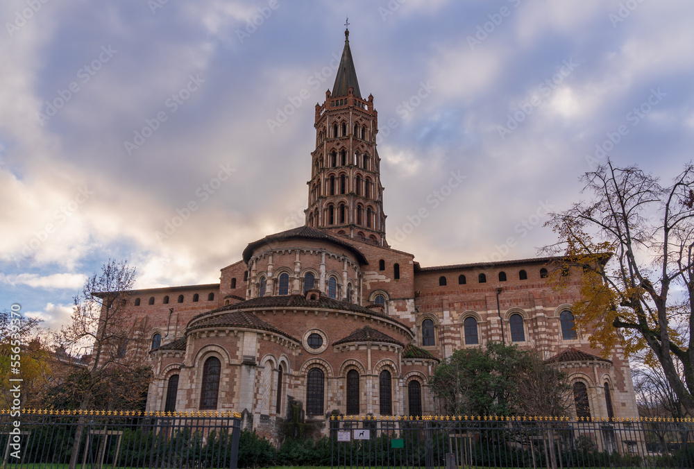 Scenic landscape view of the apse of ancient landmark St Sernin basilica, Toulouse, France