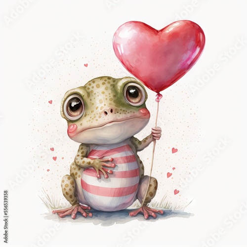 Fotografia, Obraz a frog holding a heart shaped balloon in its paws and sitting on the ground with a heart shaped balloon in its hand