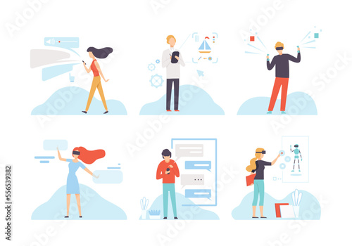 Man and Woman Character Using Wireless Digital Technology Vector Set