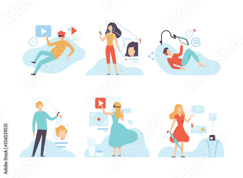 Man and Woman Character Using Wireless Digital Technology Vector Set