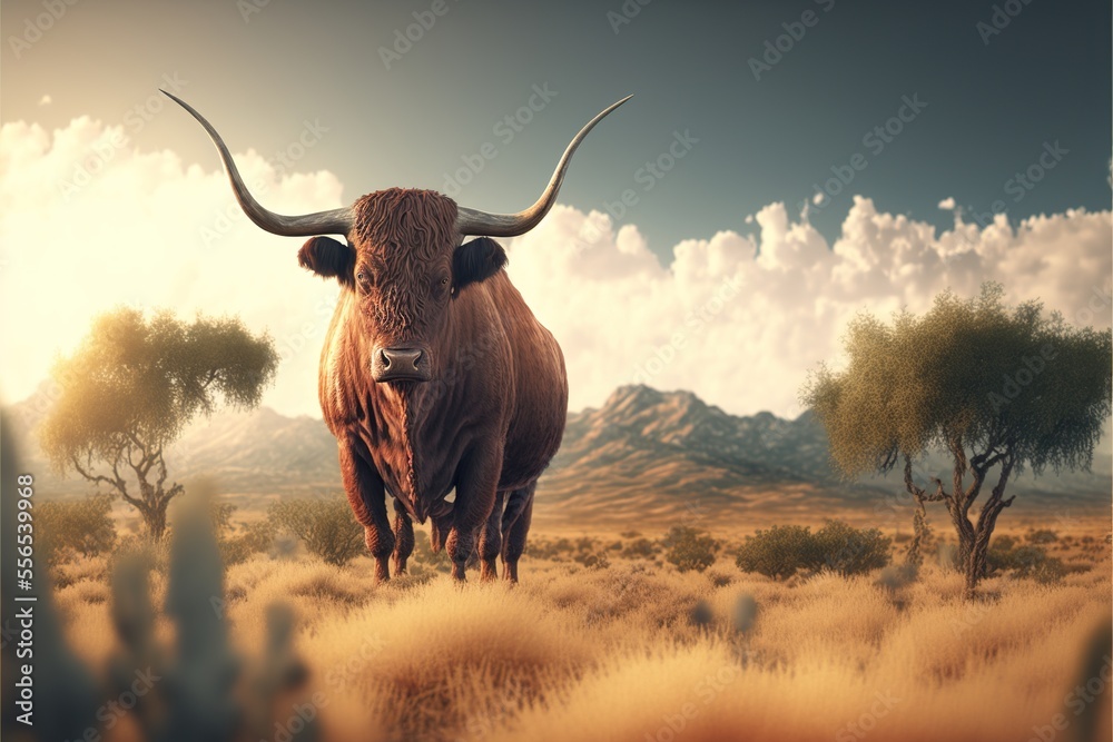 Naklejka premium ox at sunset Generated AI
