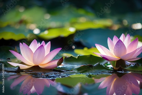 Fotografia two pink lotuses are floating on a pond with lily pads and water lillies in the background
