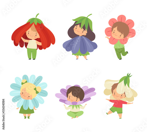 Cute Little Kids Wearing Flower Costume Vector Set