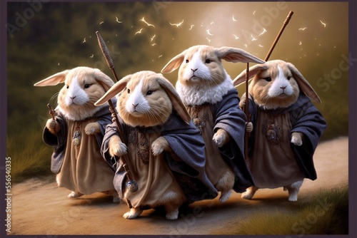  a group of rabbits dressed in medieval clothing and holding swords. Generative AI