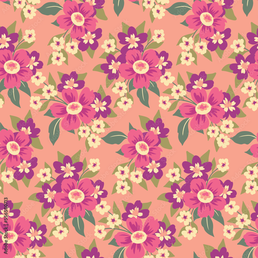 Seamless floral pattern, cute flower print in pink colors. Pretty ditsy design for fabric, paper: small hand drawn plants, flowers, leaves in simple bouquets on a pink background. Vector illustration. Seamless floral pattern, cute flower print in pink colors. Pretty ditsy design for fabric, paper: small hand drawn plants, flowers, leaves in simple bouquets on a pink background. Vector illustration.