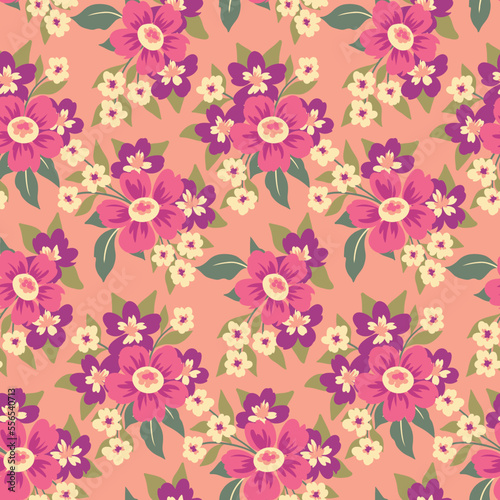 Seamless floral pattern, cute flower print in pink colors. Pretty ditsy design for fabric, paper: small hand drawn plants, flowers, leaves in simple bouquets on a pink background. Vector illustration.