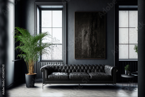Interior of black living room with leather sofa and minimalist industrial design ,. Generative AI