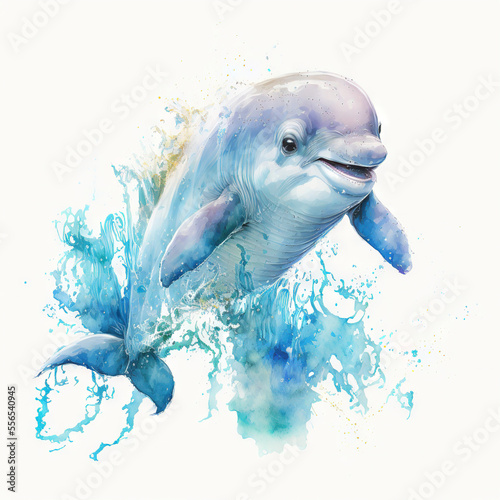 Slika na platnu a dolphin is swimming in the water with a splash of paint on it's face and body