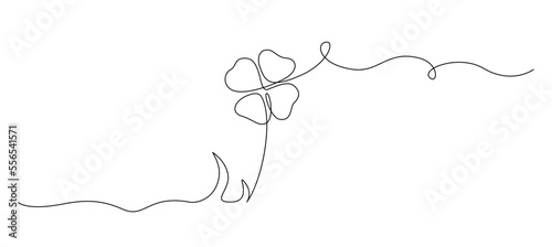 One continuous line drawing of four-leaved clover. Good luck floral symbol in simple linear style. Concept for web banner Saint Patrick's Day in editable stroke. Doodle vector illustration
