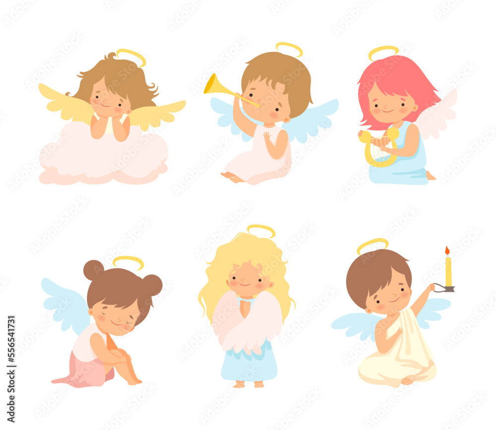 Cute Baby Angels with Nimbus and Wings Vector Set Cute Baby Angels with Nimbus and Wings Vector Set