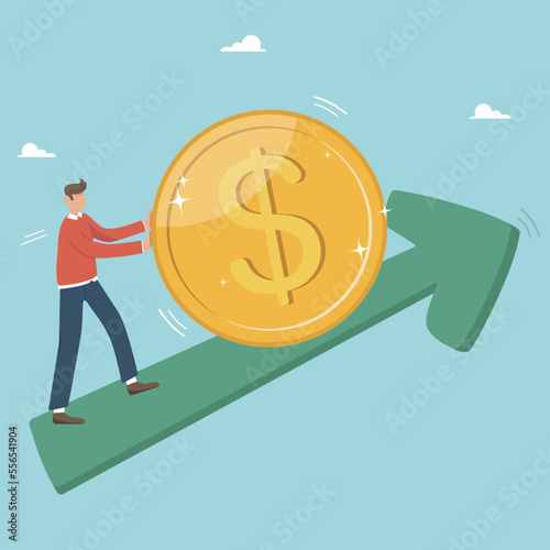 Increasing sales, growth in investments or growth in income and profit, growth in wages or income, growth in the exchange rate, a strong investor businessman lifts a dollar coin up.