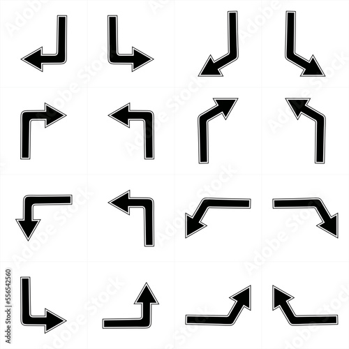 complete illustration set of monochrome turn arrows for signs