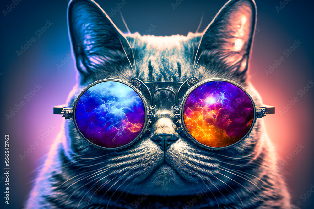 Funny cat in stylish sunglasses.  Image created with Generative AI technology. - obrazy, fototapety, plakaty 