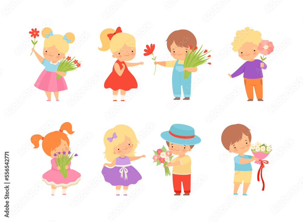 Cute Little Boy Giving Flowers to Girl Expressing Congratulations Vector Set Cute Little Boy Giving Flowers to Girl Expressing Congratulations Vector Set