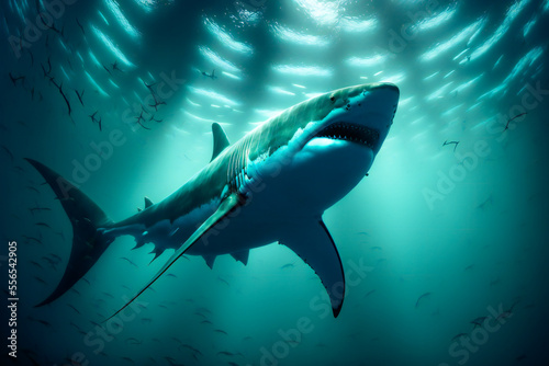 Great White Shark Underwater.  Image created with Generative AI technology.